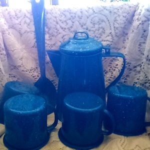 Vintage porcelain ware blue coffee pot large spoon and 4 cups